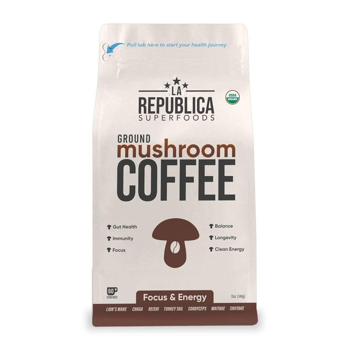 La Republica Organic Ground Superfood Mushroom Coffee, Fair Trade Arabica Coffee, Medium Roast, 60 Servings (LARR-OGMC) - Image 1