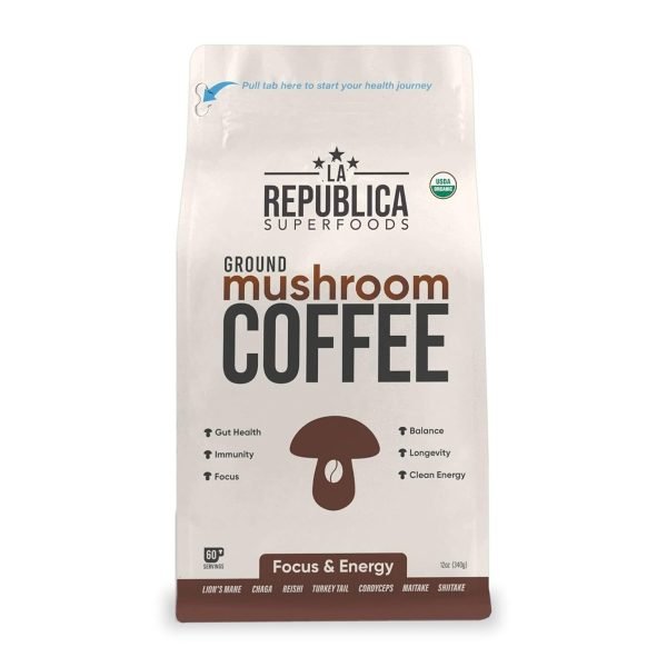 La Republica Organic Ground Superfood Mushroom Coffee, Fair Trade Arabica Coffee, Medium Roast, 60 Servings (LARR-OGMC)