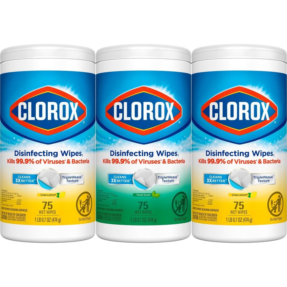 Clorox Disinfecting Wipes Value Pack, 75 Wipes/Container, 3/Pack (30208) - Image 1