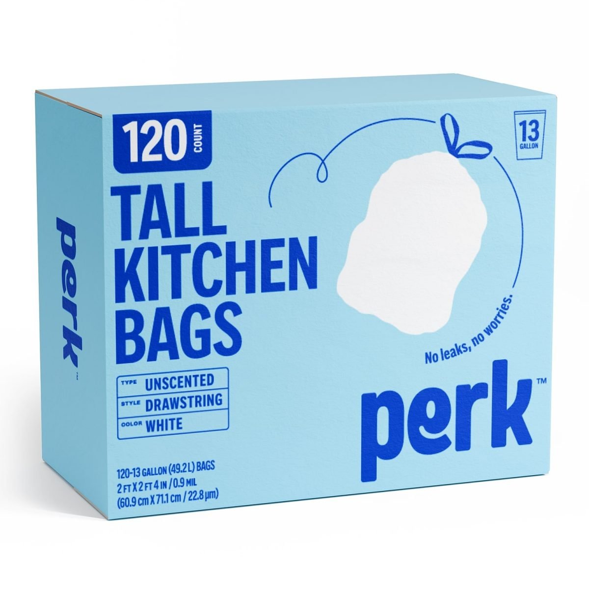 Perk™ 13 Gallon Kitchen Trash Bag, 28" x 24", Low Density, 0.9 mil, White, 120 Bags/Box (PK56750) - Image 1