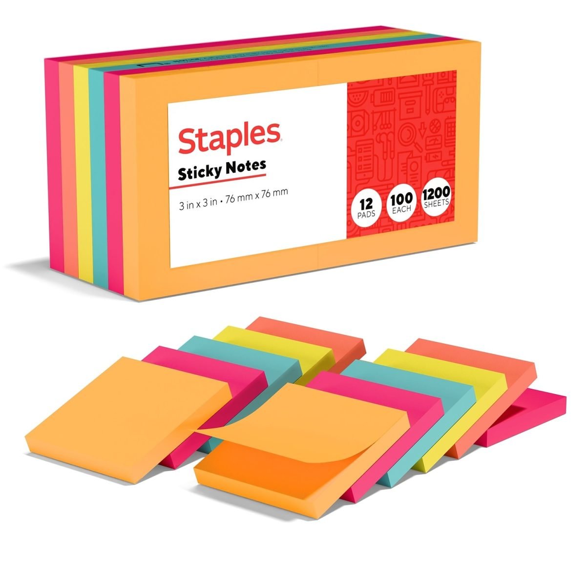 Staples Sticky Notes, 3" x 3", Dusk to Dawn Collection, 100 Sheets/Pad, 12 Pads/Pack (S-33BR12/52567) - Image 1