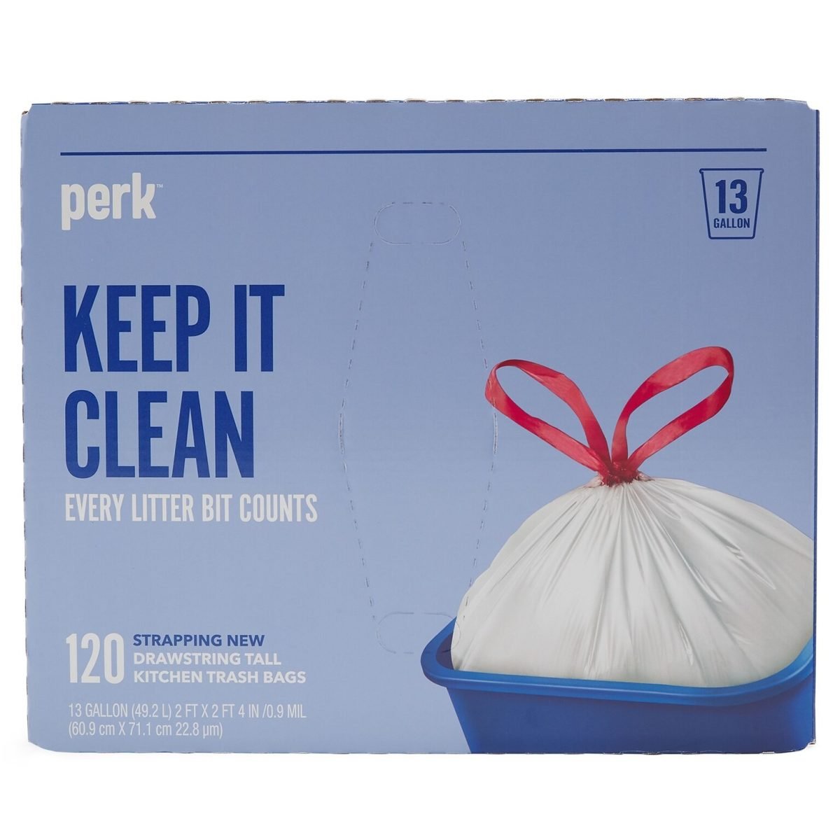 Perk™ 13 Gallon Kitchen Trash Bag, 28" x 24", Low Density, 0.9 mil, White, 120 Bags/Box, 3 Boxes/Carton (PK56750CT) - Image 1