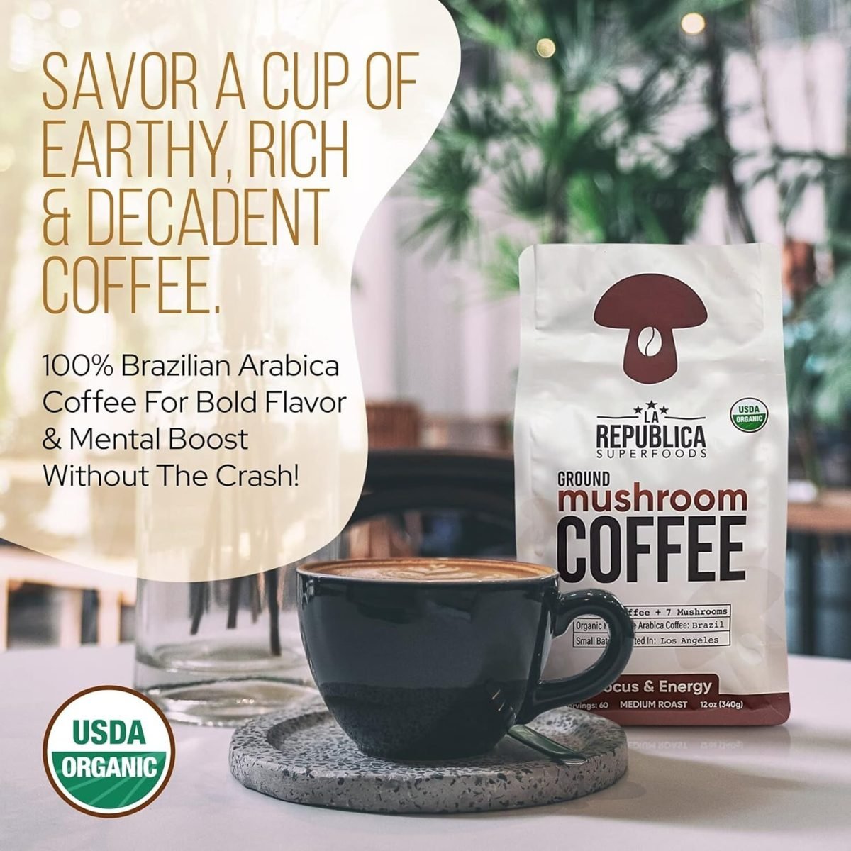 La Republica Organic Ground Superfood Mushroom Coffee, Fair Trade Arabica Coffee, Medium Roast, 60 Servings (LARR-OGMC) - Image 2