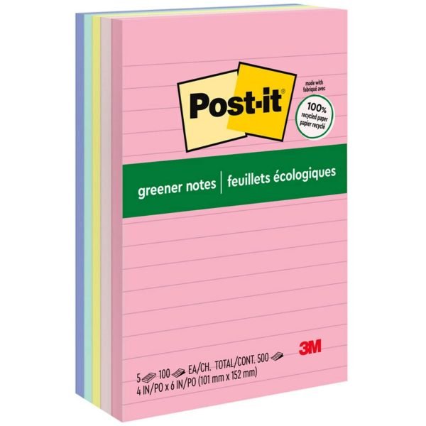 Post-it Greener Recycled Notes, 4" x 6", Sweet Sprinkles Collection, Lined, 100 Sheet/Pad, 5 Pads/Pack (6605PKRPA)