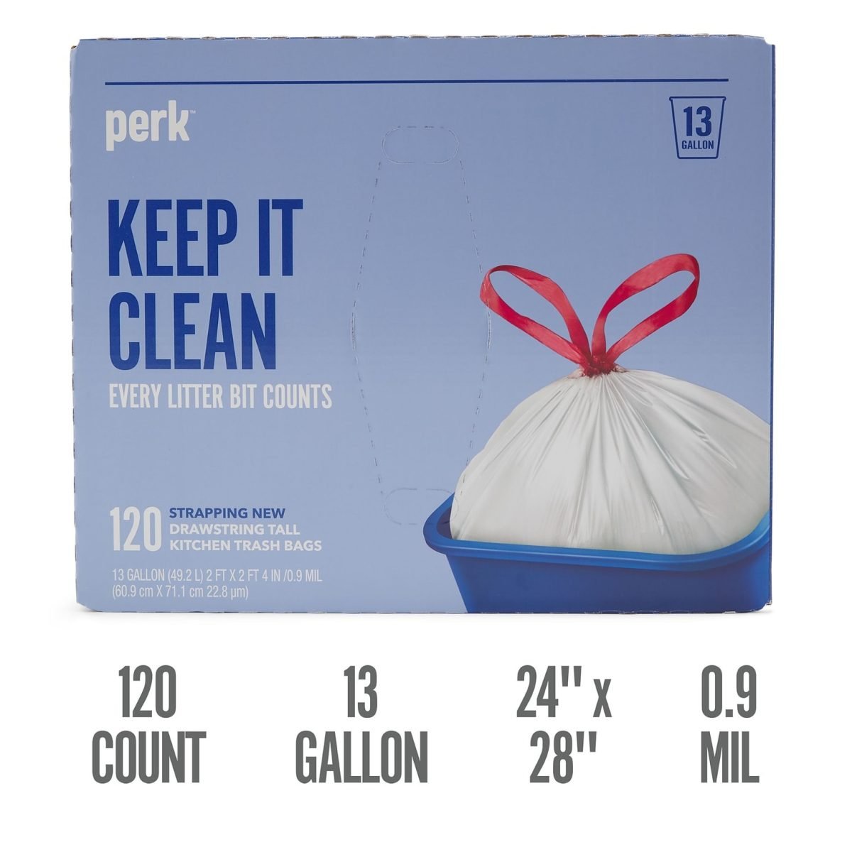 Perk™ 13 Gallon Kitchen Trash Bag, 28" x 24", Low Density, 0.9 mil, White, 120 Bags/Box, 3 Boxes/Carton (PK56750CT) - Image 2
